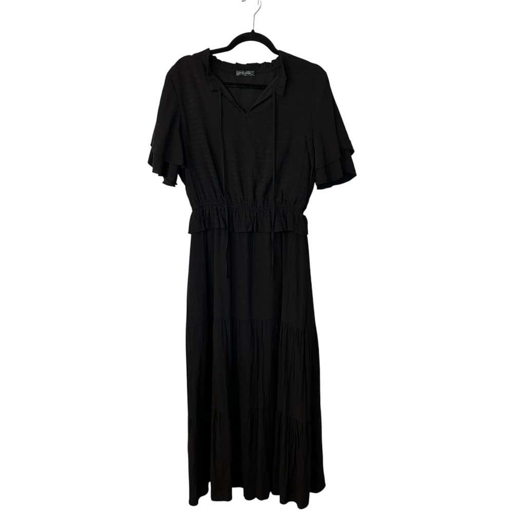 PrettyGarden Women’s Black Short Ruffle Sleeve Tie V-Neck Maxi Dress Sz XL GUC